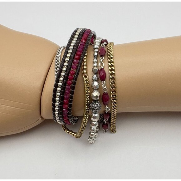 Multi Strand Beaded Bracelet with Magnetic Clasp Purple Gold Silver Chain - Picture 1 of 10
